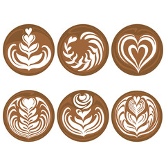 Latte art Coffee Logo Design Set, Tulip, Heart, Rose, Rosetta on white background, Vector illustration