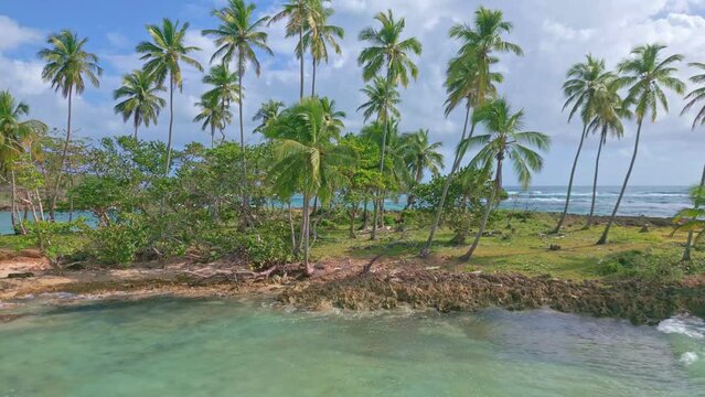 Los Coquitos beach, Cabrera in Dominican Republic. Aerial backward 