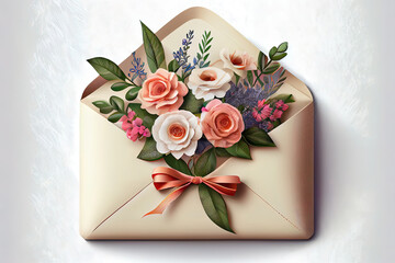 Flowers in envelope with candy canes. Generative Ai
