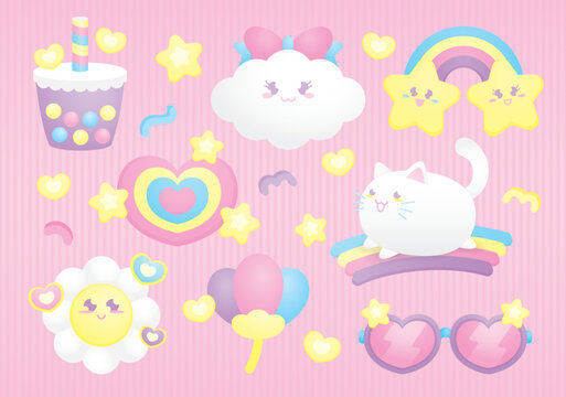 cute sweet colorful pastel kawaii illustration cartoon graphic element vector set