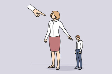 Businesspeople point with finger on colleague or coworker. Employees lay blame and guilt on subordinate. Concept of responsibility and management. Vector illustration. 