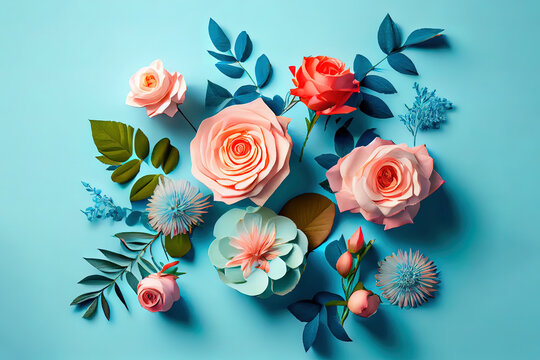 Waffle cone with bouquet of beautiful roses on blue background. Creative spring flowers. Copy space - Valentines day, 8 March, Mother day and Women's Day. Generative Ai