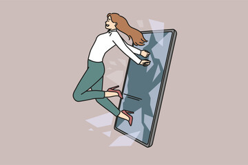 Confident businesswoman jump out of cellphone screen. Smiling woman go out of smartphone free from internet censorship and information. Vector illustration. 