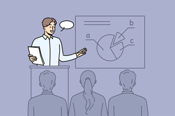 Confident male coach make business presentation for audience at conference. Smiling businessman present diagram or graph at seminar. Vector illustration. 