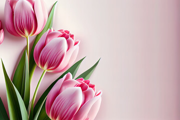 Pink tulips with white petals on the yellow background with green leaves. Generative Ai