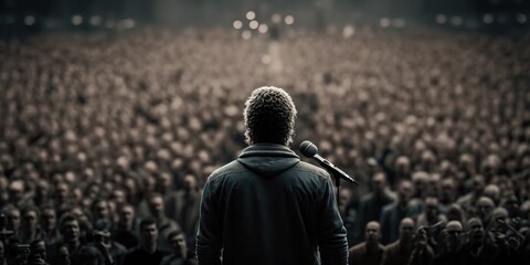Person holding microphone and standing in front of large audience, concept of Public Speaking and Social Change, created with Generative AI technology