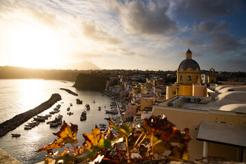 Beautiful fishing village, Marina Corricella on Procida Island, Bay of Naples, Italy.