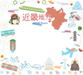 日本の近畿地方の夏の名物観光のアイコンのセット（フラット）