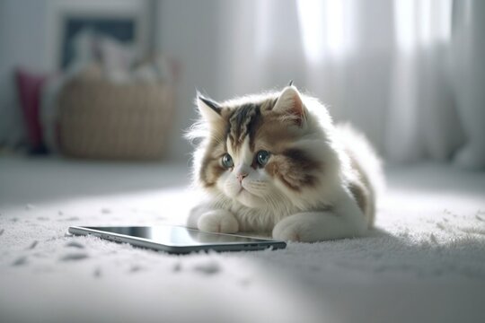 fluffy adorable cute kitten cat playing tablet on floor of domestic room,closeup, depth of filed, Pet and technology concept, Generative AI