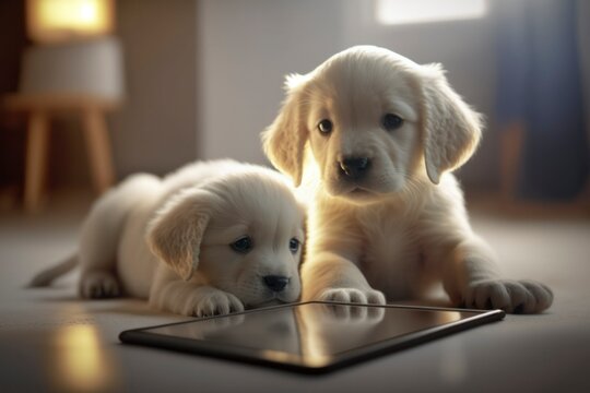 Cute puppy (golden retriever) dog playing tablet on floor of domestic room,closeup, depth of filed, Pet and technology concept, Generative AI