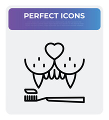 Pet brushing teeth, grooming service. Veterinary clinic. Thin line icon. Vector illustration.