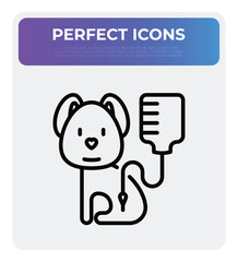 Vet clinic, blood transfusion for pet. Dog with blood bag. Thin line icon. Vector illustration.