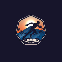 Summer Trail Run logo.Ultra Trail running logo vector illustration on gradient background.