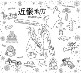 日本の近畿地方の冬の名物観光を楽しむ三人家族、アイコンのセット（線画白黒）