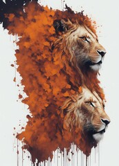 Animal World! 2 fantastic lion heads with gradient pastel colours / Autumn colours / Noble / Royal / Lions / Super high resolution / Generative AI