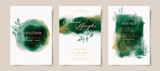 Elegant emerald green watercolor and gold with leaves on wedding invitation card template