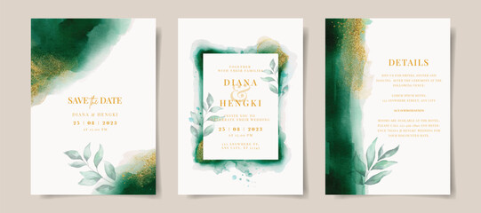 Fototapeta na wymiar Elegant emerald green watercolor and gold with leaves on wedding invitation card template