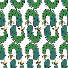 Naklejka premium Curved cucumbers are placed hardly on a transparent background, seamless pattern for the design of vegetable products