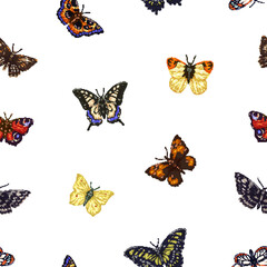 Fototapeta na wymiar Seamless pattern, flying butterflies repeating print. Endless background, beautiful moths. Texture design for textile, fabric, wallpaper, wrapping. Hand-drawn realistic retro vector illustration