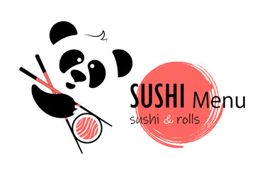Panda eats sushi. Logo for sushi bars.
