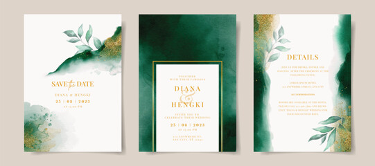 Elegant emerald green watercolor and gold with leaves on wedding invitation card template - obrazy, fototapety, plakaty