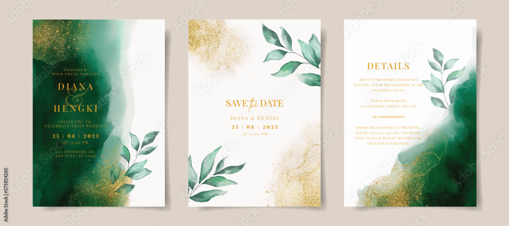 Wall mural Elegant emerald green watercolor and gold with leaves on wedding invitation card template