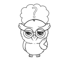 Cute cartoon owl with question mark in speech bubble. Illustration on transparent background