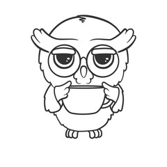 Cute cartoon owl with a cup of tea or coffee. Illustration on transparent background