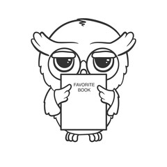 Cute cartoon owl with a favorite book. Illustration on transparent background