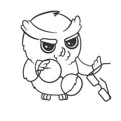 Cute cartoon owl chooses new glasses. Illustration on transparent background