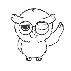 Cute cartoon winking owl waving its wing. Illustration on transparent background