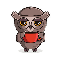 Cute cartoon owl with a cup of tea or coffee. Illustration on transparent background