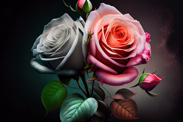 Surprising Bunch of amazing fresh roses in the left side and other side is matching background. Generative Ai