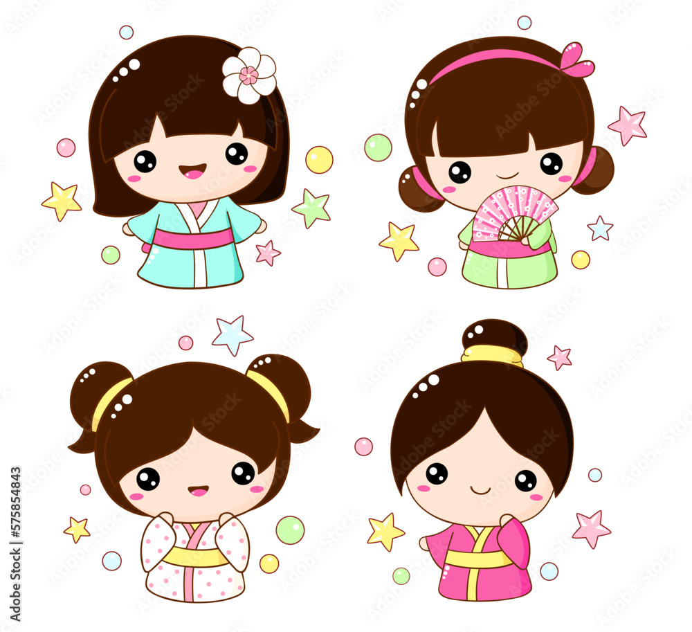 Wall mural Set of cute little girls in kawaii style. Hanami season collection of Japanese traditional toy kokeshi doll in kimono. Vector illustration EPS8  