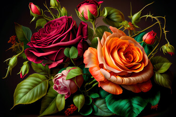 Surprising Bunch of amazing fresh roses in the left side and other side is matching background. Generative Ai