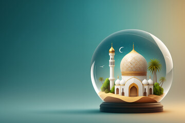 a glass ball with a miniature of mosque inside over the desert. generative ai