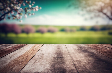 Abstract empty wooden desk tabletop with copy space over spring and summer blurred background, display for product montage, Generative Ai