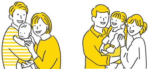 子育て中の2組のファミリーのイラストセット