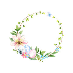 Watercolor easter wreath with spring flowers, greenery, eggs on white background. Holiday frame design for cards, invites, scrapbooking.
