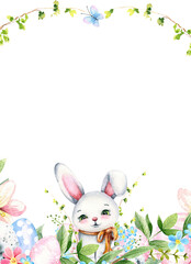 Watercolor frame design with cute cartoon rabbit, spring flowers and greenery, Easter eggs. Hand drawn illustrations isolated on white background. Holiday template for cards, invitations, posters.