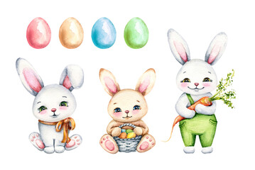 Watercolor set of cute cartoon babu rabbits and Easter eggs. Hand drawn illustrations isolated on white background. Holiday design elements for cards, invitations, posters, scrapbooking.