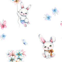 Watercolor easter seamless pattern. Cute little bunny, flowers, butterfly on white background. Spring design for Easter decor, fabric, textile, wallpaper, wrapper.