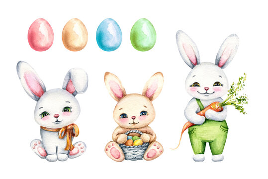 Watercolor set of cute cartoon babu rabbits and Easter eggs. Hand drawn illustrations isolated on white background. Holiday design elements for cards, invitations, posters, scrapbooking.
