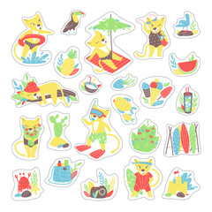A set of stickers with a lioness on the beach. Crab, seagull, toucan, jellyfish and fish. Plants and beach food. Summer vacation on the beach. Flat vector illustration.