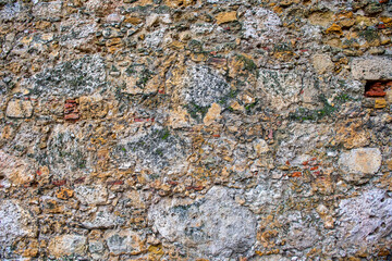 Medieval brick-laying technique, fortified wall in Saint George's. Castle in Lisbon, Portugal