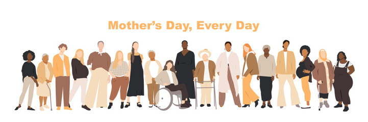 Mother's Day card. Multicultural group of mothers. Flat vector illustration.	
