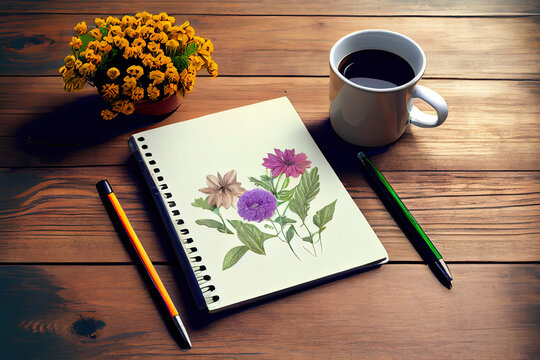Notebooks and coffee cup near smartphone and keyboard on desk with tulip flower. Generative Ai