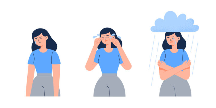 Woman with different stages of sadness. Upset, hysteric, and deeply depressed girl. Flat-style vector illustrations isolated on the white background.