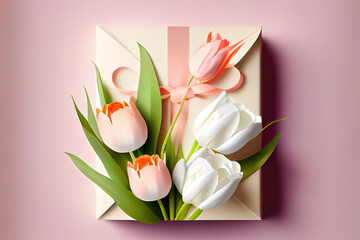 Exceptional Spring flowers. Women's day background. Bouquet of white and pink tulips. Present gift for Mother's day. Space, in the white background. Generative Ai