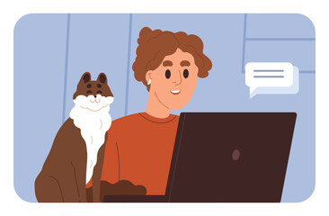 Freelancer works at home. Happy business woman and cute cat during online communication, video call. Remote employee, freelance worker working through internet at computer. Flat vector illustration